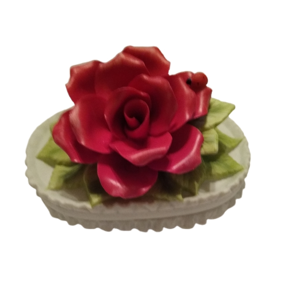Georgian Trinket Box Fine Porcelain Red Rose Ladybug White Green Vintage EUC